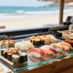photo realistic, high quality, sharp, assorted sushi on a glass bar, beach background