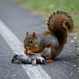 nature photography of a squirrel eating a dead bird on the side of the road, horror movie still