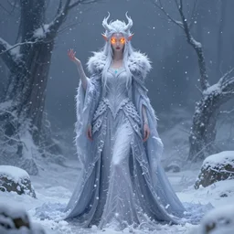 beautiful ancient frost witch, eye flames, snowy glow, snowfall, full body, highly detailed, digital painting, artstation, sharp focus, illustration, art by tan zi and ayanamikodon and alphonse mucha and wlop