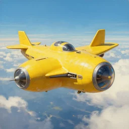 a painting of a futuristic yellow submarine plane flying through the sky, concept art by Ian McQue, cgsociety, retrofuturism, artstation hq, concept art, sci-fi