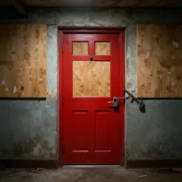 red door center of frame, in a basement, boarded up, padlocks, chains, locked, forbidden creepy mood, game art matte painting hyperdetailed, artstation, cgsociety, 8 k, surreal dream landscape