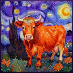 cow, van gogh orange and purple neon detailed and shinny glitter art, van gogh style