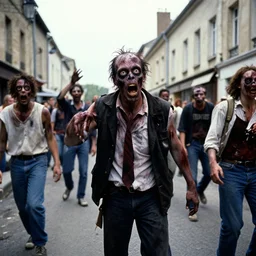 a photo of the famous zombie invasion in the streets of Vichy, 1994, vibrant