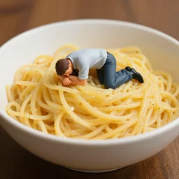 a tiny business man lying in a fetal position in a huge bowl of spaghetti
