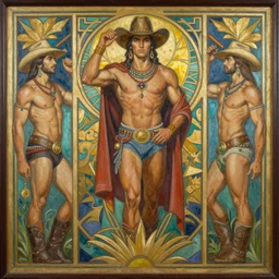 a beautiful symmetrical art deco painting of a god worshipped by gay cowboys, trending on artstation