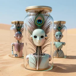 robots in peacock feathers mask inside glass jars, perfect face, sharp focus, pastel colors, vivid, fashion photography, sand dunes, portrait photography, 8 k hd in the style of zdzisław beksinski