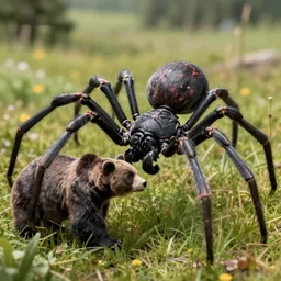 detailed photo of a giant black spider arachnid fighting a bear in a meadow, spider legs large