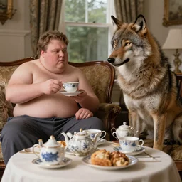 an Short Obese gentleman and an anthropomorphic Timberwolf man enjoying a British Tea Party, hyperreal, Photorealistic