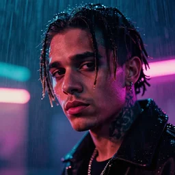 xxxtentacion close up film still from Blade Runner 2049, beautiful lighting, raining, neon lights, cinematic depth, ultra sharp