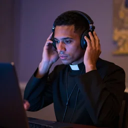 a medusan priest listening to chill music with headphones