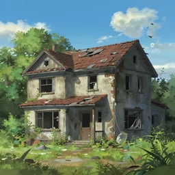 matte painting of abandoned house by makoto shinkai