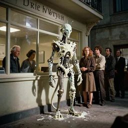 the strange creature, made of milk and metal, we wait in line at the bank, film still from the movie directed by denis villeneuve and david cronenberg with art direction by salvador dali and zdzisław beksinski, wide lens