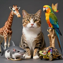 picture of a cat dog mouse horse giraffe turtle parrot lizard shark butterfly snake hamster, highly detailed, extremely high quality, hd, 4 k, 8 k, professional photographer, 4 0 mp, lifelike, top - rated, award winning, cinematic, realistic, detailed lighting, detailed shadows, sharp, no blur, edited, corrected, trending