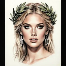 tattoo sketch of beautiful candice swanepoel as aphrodite the greek goddess wearing a laurel wreath and arrowhead earrings, beautiful piercing eyes with small pupils, sexy look, beautiful blonde hair, hyper realistic face, in the style of greg rutkowski, fantasy, amazing detail, epic, elegant, smooth, sharp focus