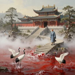 a gorgeous landscape painting by barlowe wayne maxfield parrish and marco mazzoni. chinese temple. a lonely chinese monk in grey blue long gown walks on the winding steps. three red crowned cranes splashing in the water. ultra clear detailed. 3 d, octane render. turbulent blood lake. fog