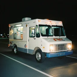 analog photo of an ice cream truck driving on the road at night with low beams on