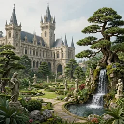 matte painting photo of witch academy castle with many bonsai trees on the right with small waterfall, highly detailed garden in the middle, many stone statues, gothic building style, highly detailed, 4k, 8k resolution, trending on artstation, octane render.