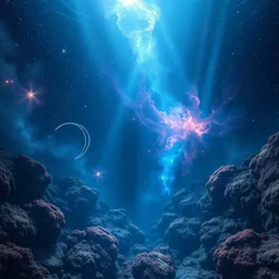 a beautiful digital artwork of a nebula underwater, reef, stars, void, high quality, stunning, volumetric shadows, haze, master level composition