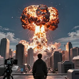scifi action movie still of someone witnessing destruction of the city, nuclear bomb blast, ultrawide shot, 4 k digital camera, sharp focus