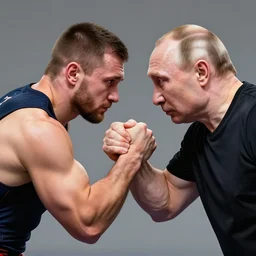 arm wrestling between putin and his mind, hyperrealistic, digital concept art, caricature illustration, comics, bloody, violent. horror. art by gaston bussiere and greg rutkowski in yelow and blue color