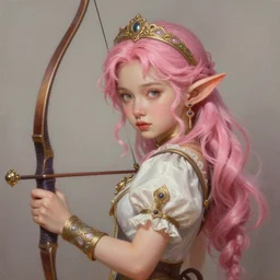 cute oil painted portrait of elf girl with pink hair holding bow, fantasy, intricate, elegant, extremely detailed digital painting trending artstation concept art heroic portrait sharp focus, illustration, art by artgerm, greg rutkowski magali villeneuve gaston bussiere