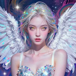 an angel portrait of Crystal Liu , tall, fair skin, and slender with pale golden eyes and long eyelashes by Stanley Artgerm,Tom Bagshaw,arthur adams, Carne Griffiths, trending on Deviant Art,street art,face enhance,chillwave,maximalist,full of color, glittering