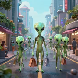aliens on a alien city road going shopping, ultra realistic details, 8 k octane render,