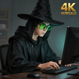 an anthropomorphic beautiful male hacker portrait hacking computer wearing black hoodie robe, green shade glasses, fine art, award winning, intricate, elegant, sharp focus, octane render, hyperrealistic, wizard hat cinematic lighting, highly detailed, digital painting, 8 k concept art, art by jamie hewlett and z. w. gu, masterpiece, trending on artstation, 8 k