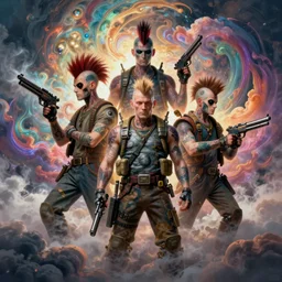punk androids with mohawks, tattoos and gun! swirls of colorful clouds, mist. intricate. gorgeous detailed portrait. cinematic. sharp focus. octane. by stalenhag. kilian eng. mucha. alex gray. bibin. wlop