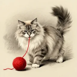 long - haired siberian cat playing with a red yarn ball, illustration, charcoal, simon bisley