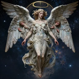 hyperrealistic detailed of a macabre seraphim layers of fear in the space and stars in style of biscg and mucha sharp focus 8 k