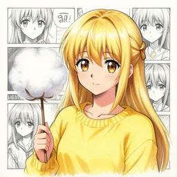 full headshot portrait of a blond girl in a yellow sweater with a large ball of sweet cotton wool on a stick, drawn by wlop, by avetetsuya studios, attractive character, colored sketch anime manga panel, cirno from touhou, trending on artstation