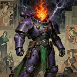 composition of gothic and futuristic, warhammer, cyber armor, more and more scars, thunderstorm, fire head, purple and green, highly detailed, artstation, in the style of moebius, jugendstil and classic japanese print, art by jean delville and rene magritte