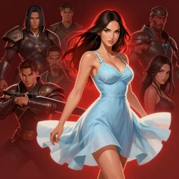 Megan Fox in red back light using a pale blue summer dress in a  blade and soul  spinoff artbook  rendered by the artist Taran Fiddler,  Joe Madureira, Nadezhda Tikhomirova, Jiyun Chae,   Lê Long, trending on Artstation by Hyung Tae Kim, artbook, Stanley Artgerm Lau, WLOP, Rossdraws , James Gurney