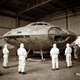 dismantled ufo spaceship in hanger with people in hazmat suits standing around, grainy, vintage photo, sepia, old photo, realistic, detailed,
