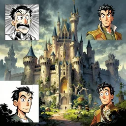 photo cartoon illustration comics manga painting of castleenvironement : 6 fantasy environement, digital painting, unreal engine, 8 k, volumetric lighting, contrast by john kirby by carl warner and jim woodring, trending on artstation