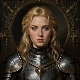 head-on centered symmetrical painted portrait, Elisha Cuthbert as a paladin, blonde hair, dark victorian armour, dramatic lighting, intricate, fantasy, intricate, elegant, highly detailed, digital painting, smooth, sharp focus, illustration, dramatic lighting, artstation, in the style of Artgerm and Anna Podedworna