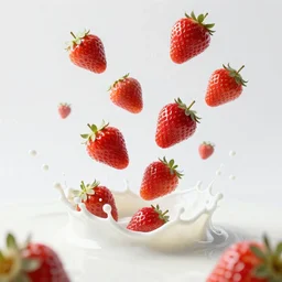 many strawberries falling in white milk, splashes, advertising photo, highspeed photo, studio lighting