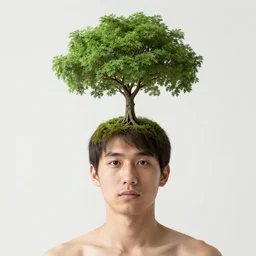 A human with a tree growing out of the top of the head