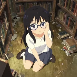 cute japanese vampire girl with glasses, sitting on the ground and looking up, covering half her face with one hand, in a ravaged library, overhead view, magical artwork by Katsuhiro Otomo