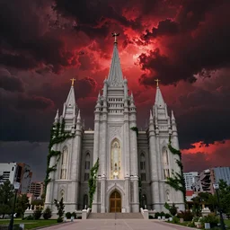 The Salt Lake City mormon temple with vines growing on it in the upside down from stranger things, dark stormy red and black clouds with red lighting, with a destroyed city in the background
