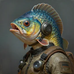 epic professional digital art of female human - fish hybrid animal wearing air force pilot gear, humanoid scaly fish head, fish mouth, painting, by leesha hannigan, iris van herpen, artstation, cgsociety, wlop, epic, much wow, much detail, gorgeous, detailed, cinematic, masterpiece