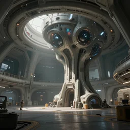 a scene of a sci fi space ship hangar, concept art by richard wright, cgsociety, fantasy art, biomorphic, artstation hq, concept art