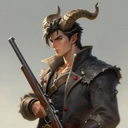 league of legends concept art handsome tall man with large imp horns on a head, black and white striped short hair, tattered slate gray collared coat with red buttons, holding old musket, art by charles liu, profile portrait, fantasy style, soft lighting, vibrant color scheme, ultra detailed, volumetric lighting, octane render, commission art, 8 k wallpaper
