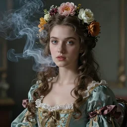 of a portrait of a girl simulated by smoke and flowers,hyper realistic,cinematic lighting,cinematic lighting ,hyper realistic,inspired by rococo ,baroque,highly detailed ,octane render,8k render, matte painting, concept art, hdri, 4k -