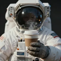 a hand of an astronaut, hold a coffee cup, close up view, realistic