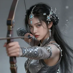 beautiful extremely detailed intricate concept art depicting an archer by wlop. semi - realism. anime face. shining jewelry. grey atmosphere. particles in the background. bcy. net