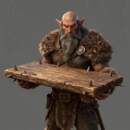 barbarian dwarf holding a rustic rectangle wooden table with spikes sticking out of it. Dungeons and dragons fantasy digital art, artstation highquality 4k