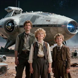 extremely sharply detailed, 7 0 mm film from blockbuster 8 k sci fi color movie freeze frame, set 1 8 6 0, family standing in front of crashed spaceship, on alien planet, looking happy, wearing 1 8 5 0 s era clothes, atmospheric lighting, in focus, reflective eyes, 7 0 mm lens, live action, nice composition and photography, clear faces
