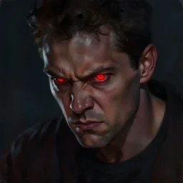 head and shoulders view of man looking down to the side angry scowling glowing red eyes intmidating concept art painting ryan church dark moody lighting